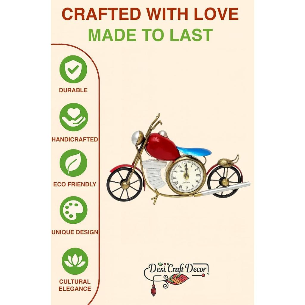 Handcrafted Motorcycle Design Metal Table Clock, Vintage Bike Shape Hand-Painted Iron Desk Clock