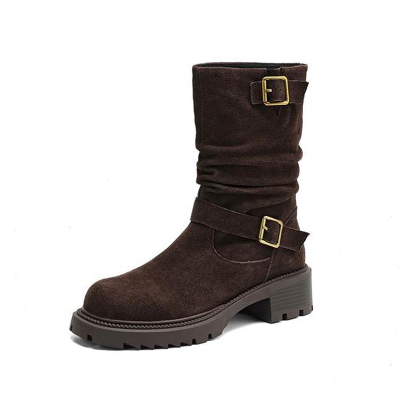 Krazing Pot Cow Suede Nubuck Winter Round Toe Western Boots Med Heels Slip On Metal Buckles Women Mid-calf Boots