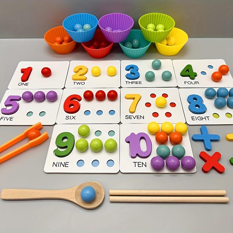 Wooden Number Puzzle and Bead Matching Game with Tweezers for Fine Motor Skills Development Multicolor Counting and Color Sorting Toy for Ages 3+
