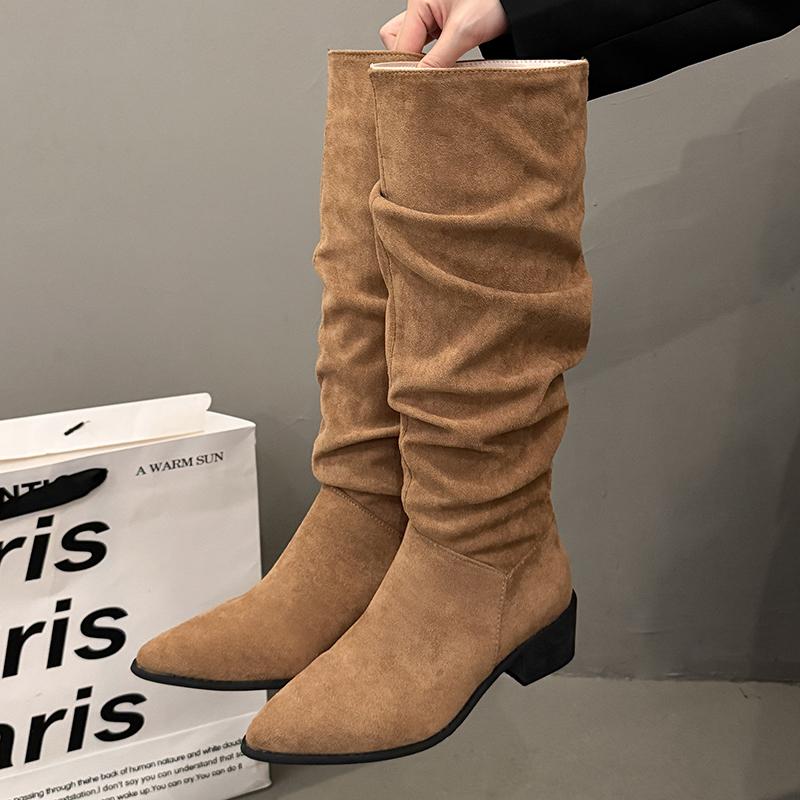 Fashion Vintage Thick Heel Pointed Toe Woman Knee High Boot Autumn Winter Women's Shoes Ladies Concise Pleated Long Booties