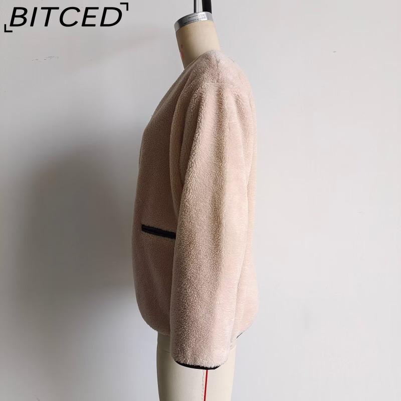 BITCED Women's Spring/Autumn Plus Size Casual Oversized Shearling O-Neck Jacket