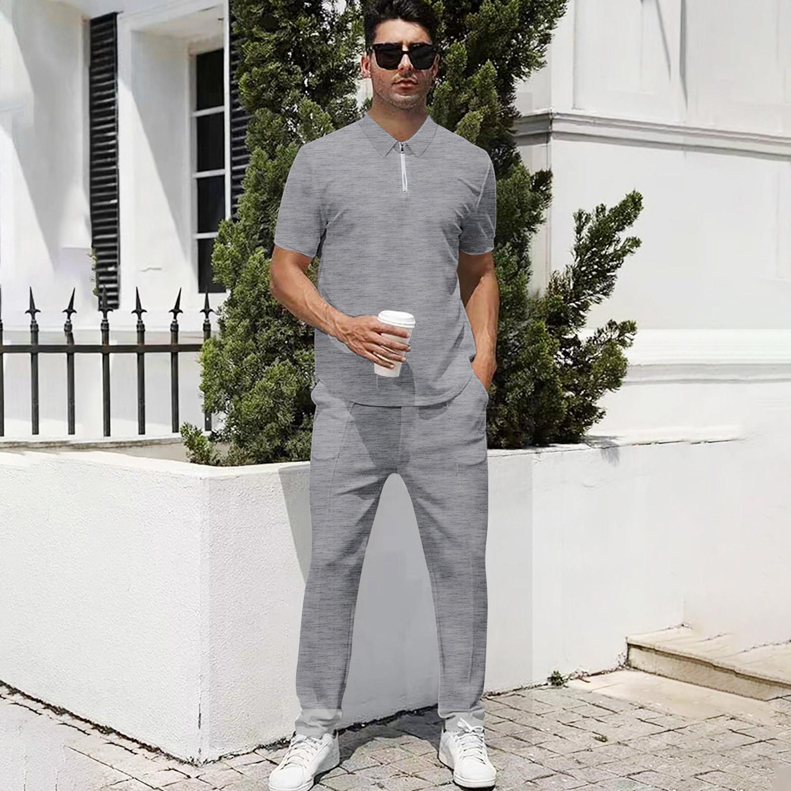 

Men s Collared Zipper Short-Sleeve Top Casual Sports Pants Set XXXL