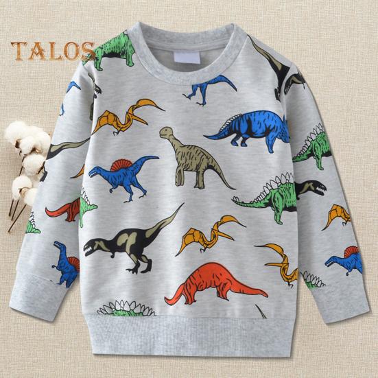 Unisex Children Sweatshirt Cartoon Dinosaur Printing Elastic Cuffs And Hem Round Neck Long Sleeve Loose Kids Top for Sport School Daily
