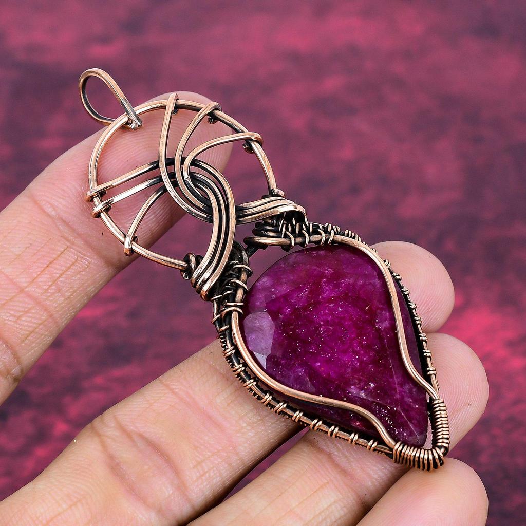 Faceted Kashmir Ruby Real Gemstone Pendant Copper Wire Wrapped Handmade Pendant