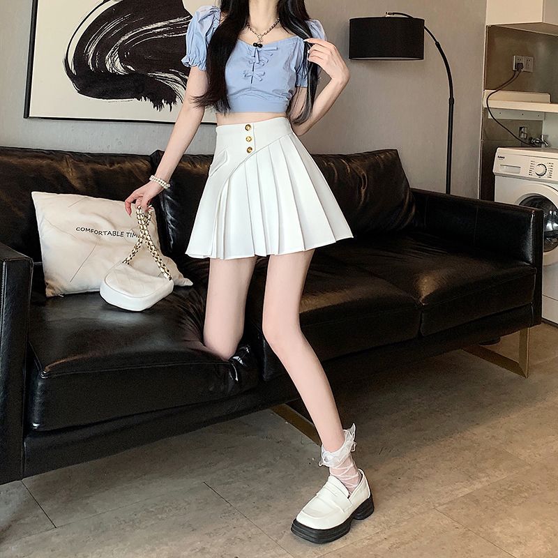 Summer High Waist Cotton Blend Asymmetric Pleated Skirt For Women