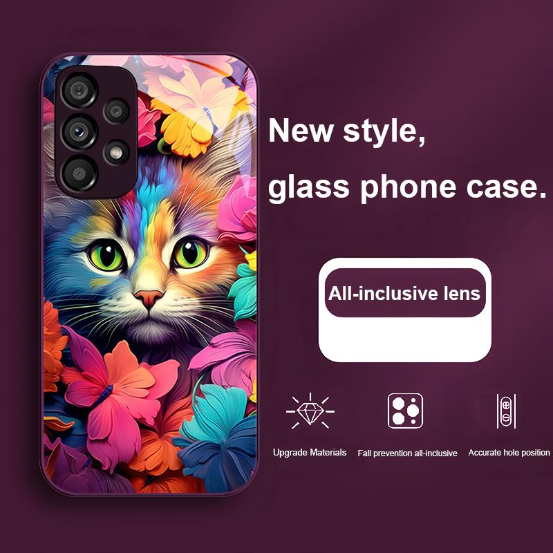 Bunte Blumenkatze Grün Für Samsung Galaxy S24 Plus S20 21 FE S23 Ultra S8 9 A70 72 73 50 51 52 53 Gehärtetes Glas Handyhülle