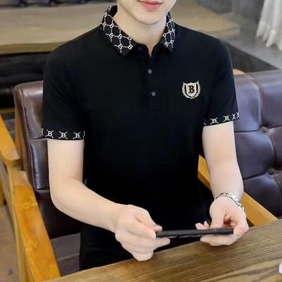 Men's 2024 Summer Hong Kong Style Slim Fit Embroidered Polo with Color-Matched Lapel Short Sleeves
