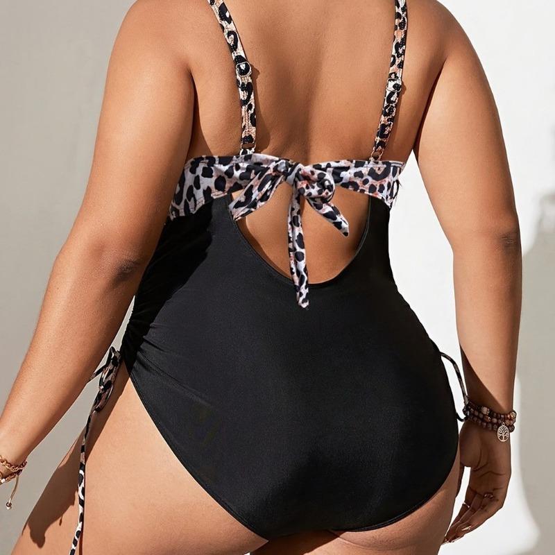 New Plus Size Swimsuit Women's Leopard Print Multi-color One-piece Slim Backless Drawstring Bikini
