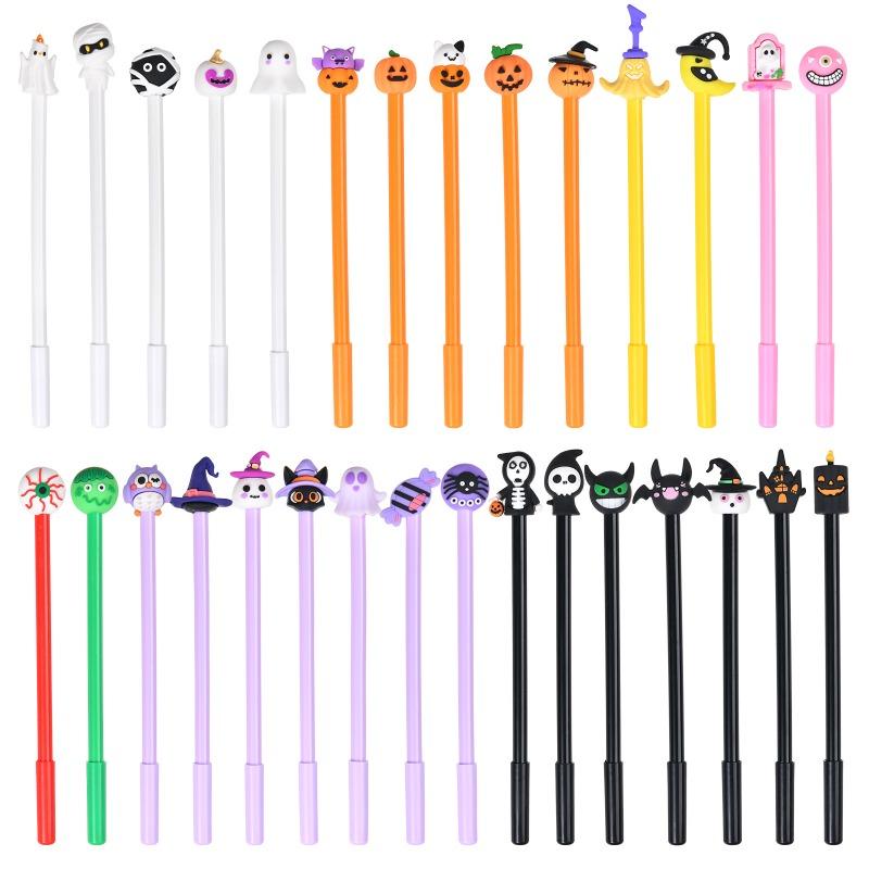 10/30Pcs Halloween Pens Pumpkin Skull Ghost Bat Pens 0.5 MM Black Rollerball Pen for Halloween Party Supply School Office Prizes