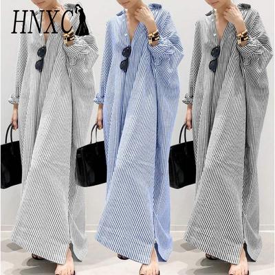 Korean Style Women Long Sleeve Button Down Striped Casual Maxi Shirt Dress