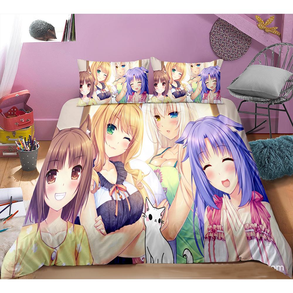 Cute Anime Cat Maid Pattern NEKOPARA 3pcs Bedding Set Game Printing Duvet Cover and Pillowcase Bedroom Decorate for Otaku Teens