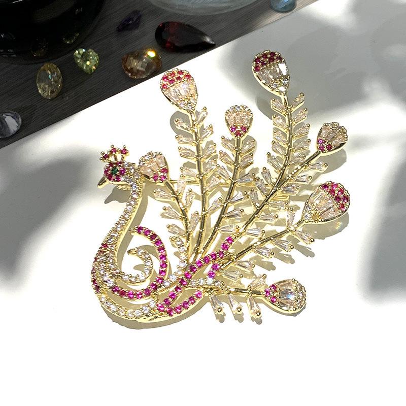 Phoenix Peacock Brooch: High-Quality Copper with Cubic Zirconia, Real Gold Plating.