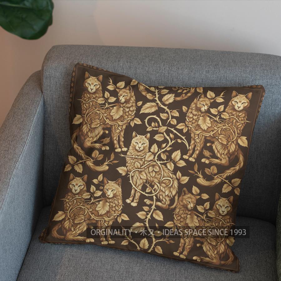 2D Golden Cats With Vine And Flowers Pillow Cover Pattern Cushion Cover Suitable For Sofa Bedroom Car Pillow Cover