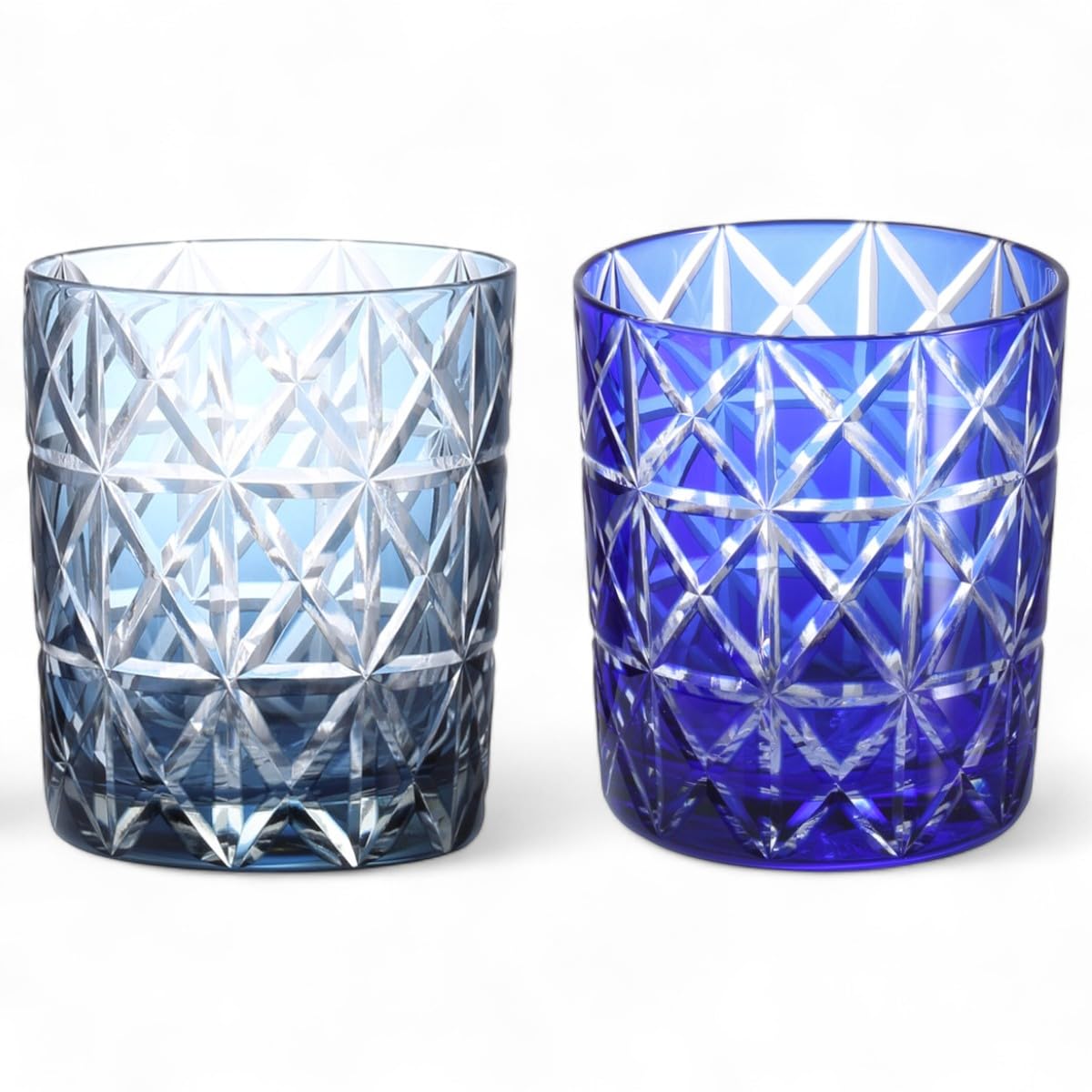 Mizukage Kiriko Pair Rock Glasses Cups 280cc Diamond Pattern Ink Blue Blue with Engraved Base Bishou Current Model J-kitchens & 80xH90mm &