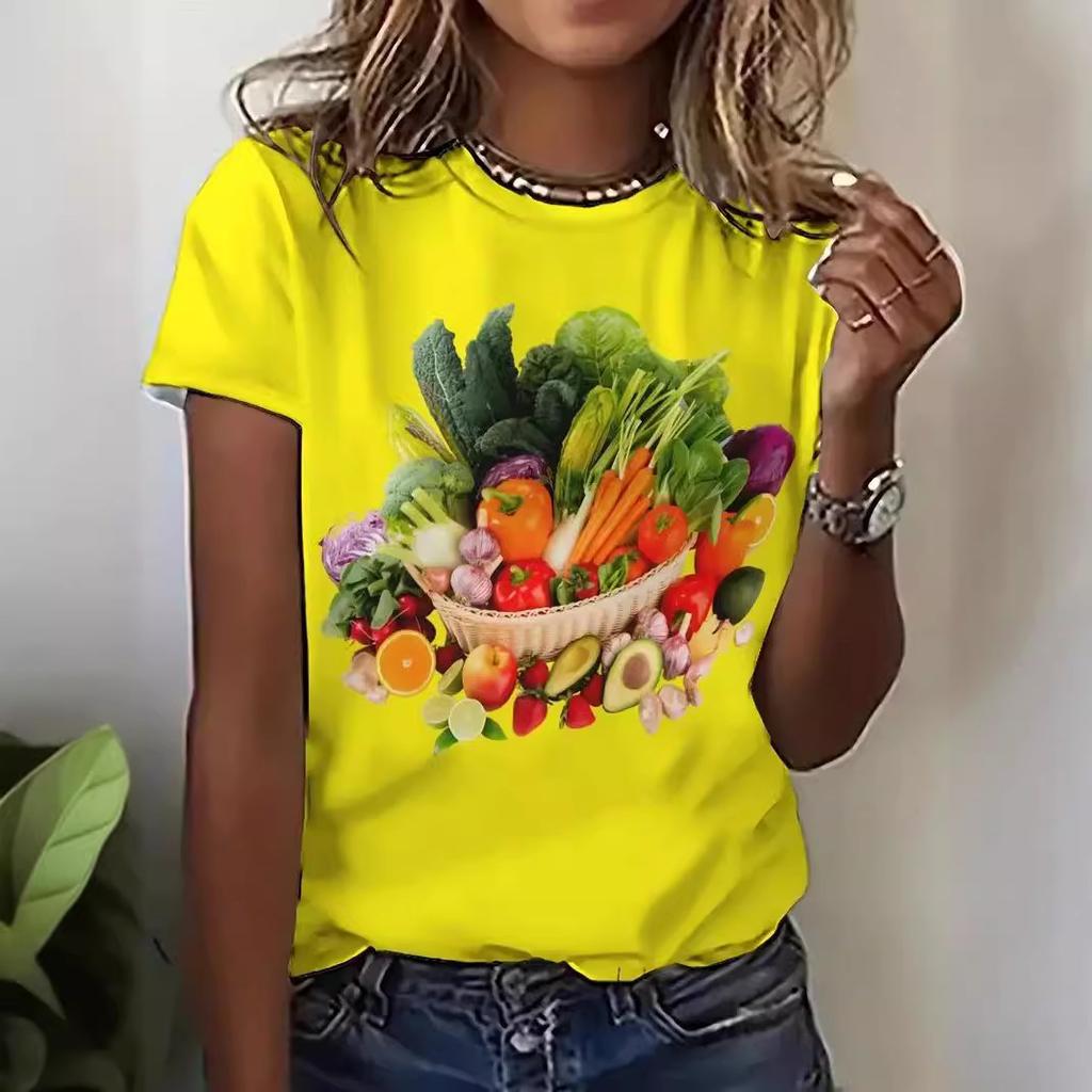 Summer Round Neck Fruit Juice Beverage Printed Top Fashionable Casual Short Sleeved Women's T-shirts