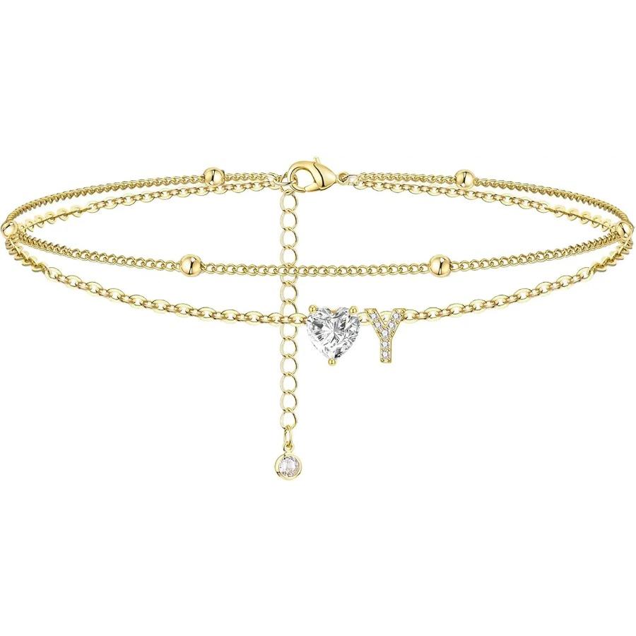 Ankle Bracelets for Women Waterproof 14K Gold Plated CZ Initial Dainty Layered Heart Anklets Foot Chain Summer Beach Jewelry