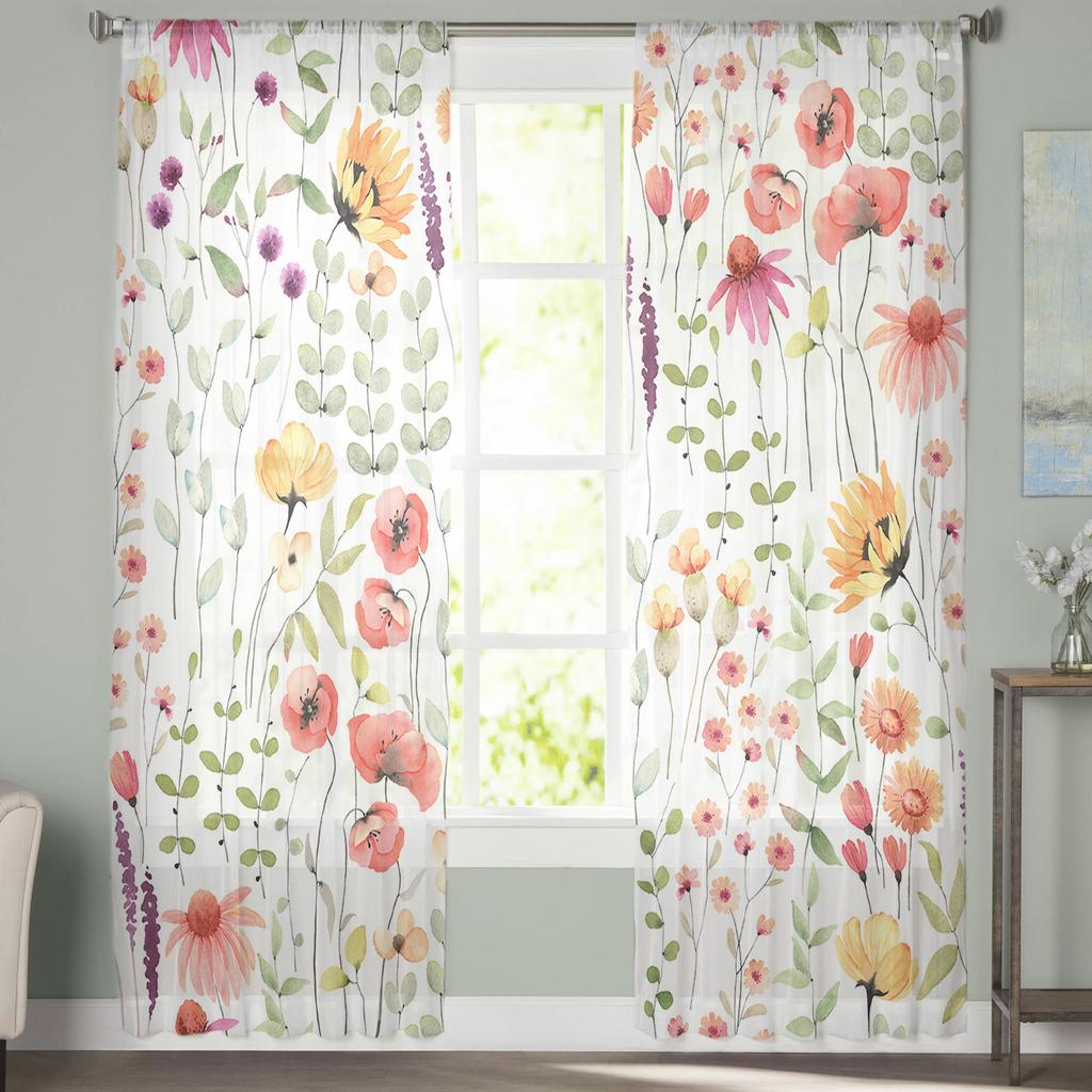 Sunflowers Eucalyptus Leaves Poppy Flowers Voile Sheer Curtains Living Room Window Tulle Curtain Kitchen Bedroom Home Decor