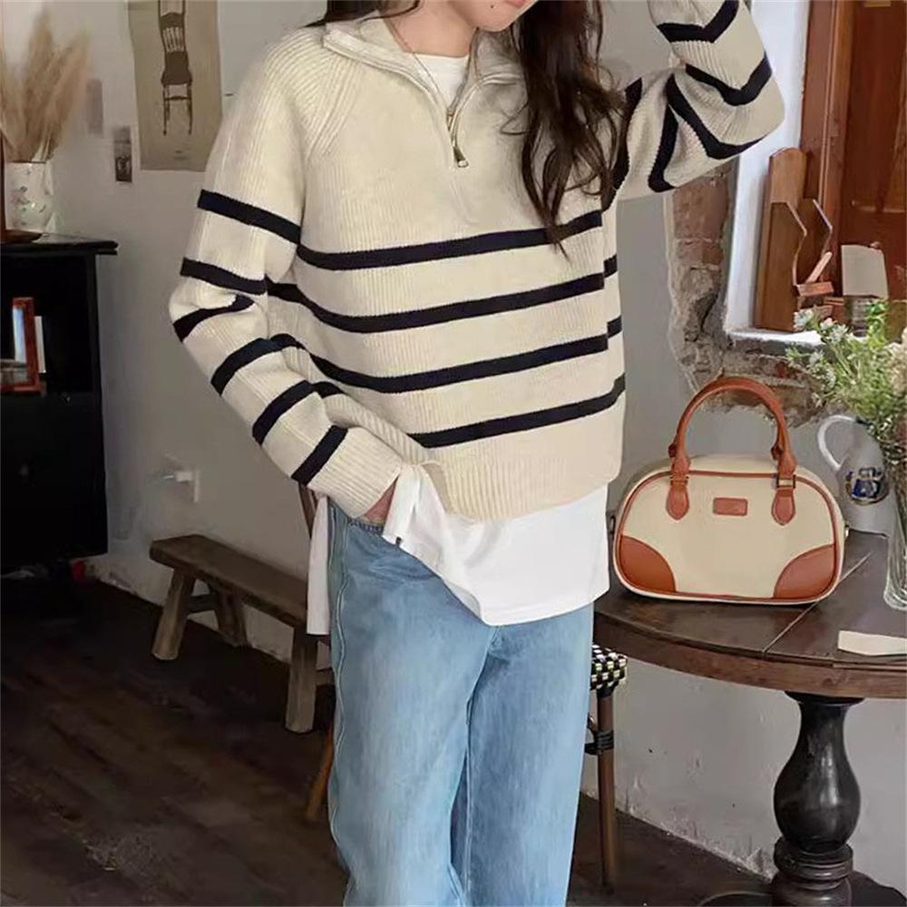 Half-height Zipper Lapel Sweater, New Autumn and Winter Color Striped Knitted Base Layer for Women