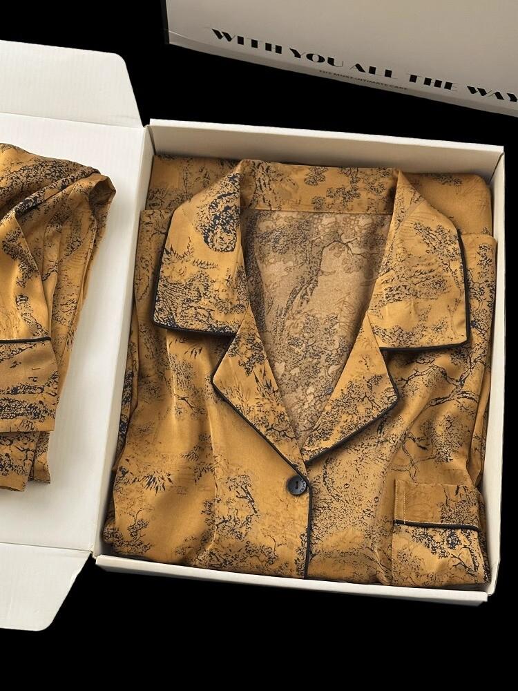 Pijama de Luxo Feminino Estampa de Animal da Selva Seda Gelo - Conjunto de Manga Comprida para Primavera/Outono