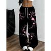 Gotische Rosa Geblümte Jogginghose - Lockere Gerade Hose mit Elastischem Bund und Taschen