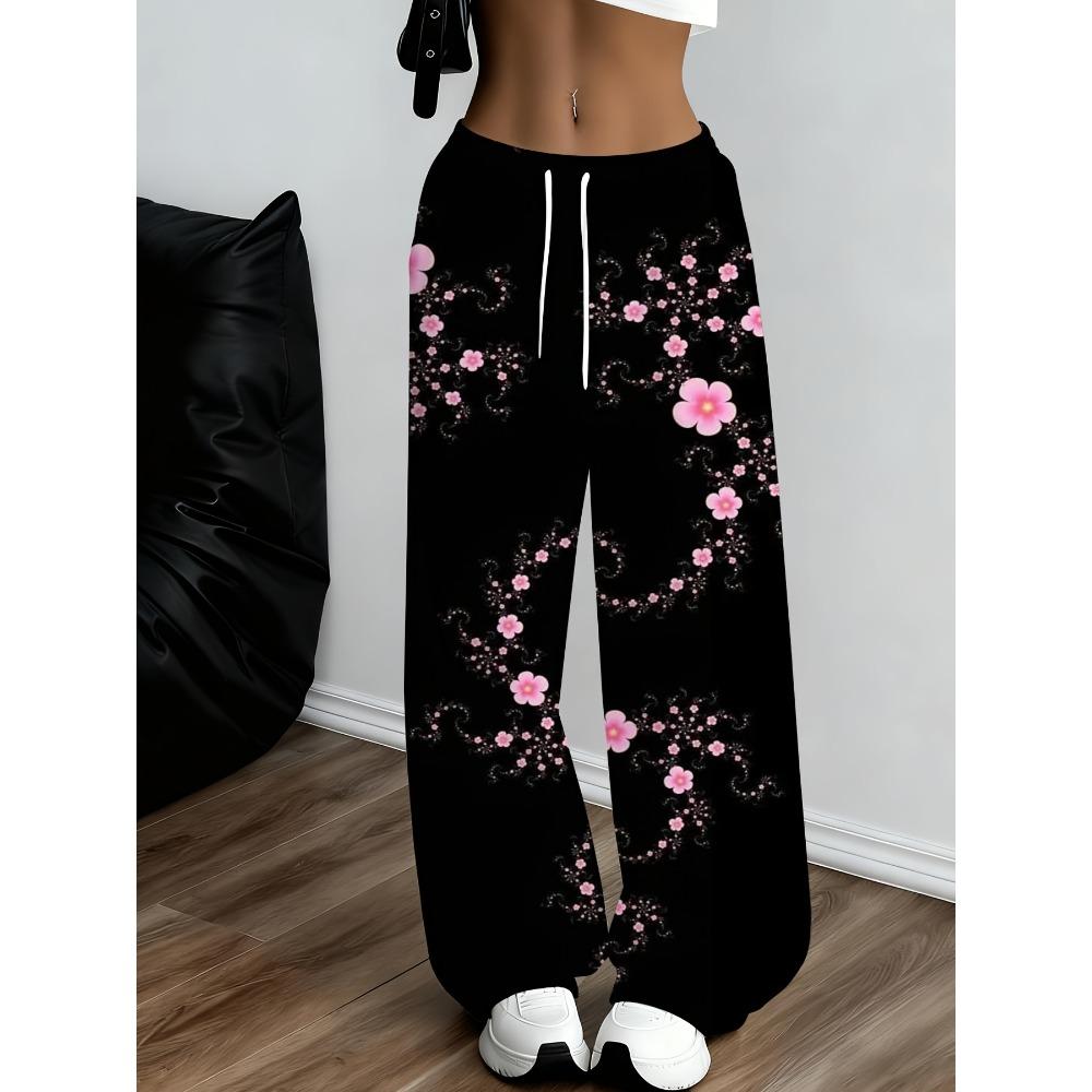 Gotische Rosa Geblümte Jogginghose - Lockere Gerade Hose mit Elastischem Bund und Taschen