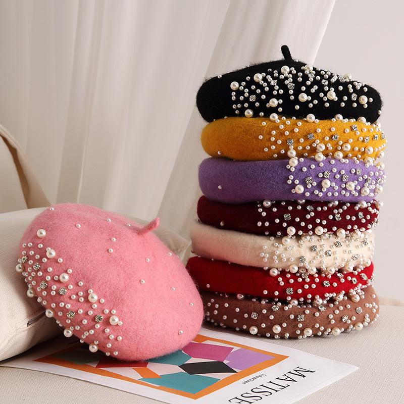 Temperament Pearl Water Diamond Beret Women's Autumn/Winter British Retro Korean Japanese Painter's Hat