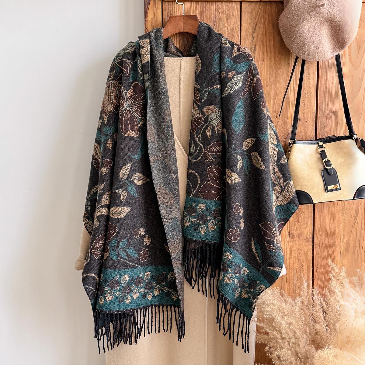 Damen Frühling Sommer Luxus Böhmischer Schal Jacquard Blumenmuster Designer Muslimischer Hijab Pashmina Schal gray