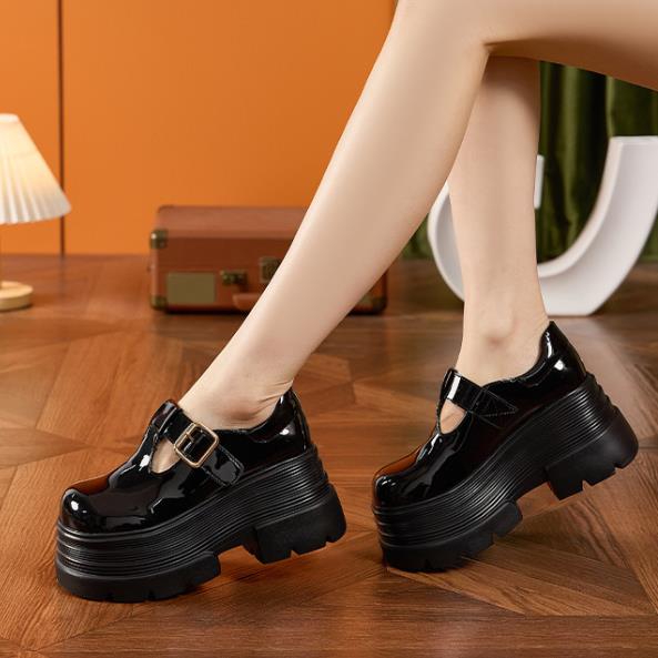 Fashion 8.5cm Patent Leather Platform Wedge Flats Autumn Breathable Slip On Pumps Spring Synthetic Hook Mary Jane Shoes