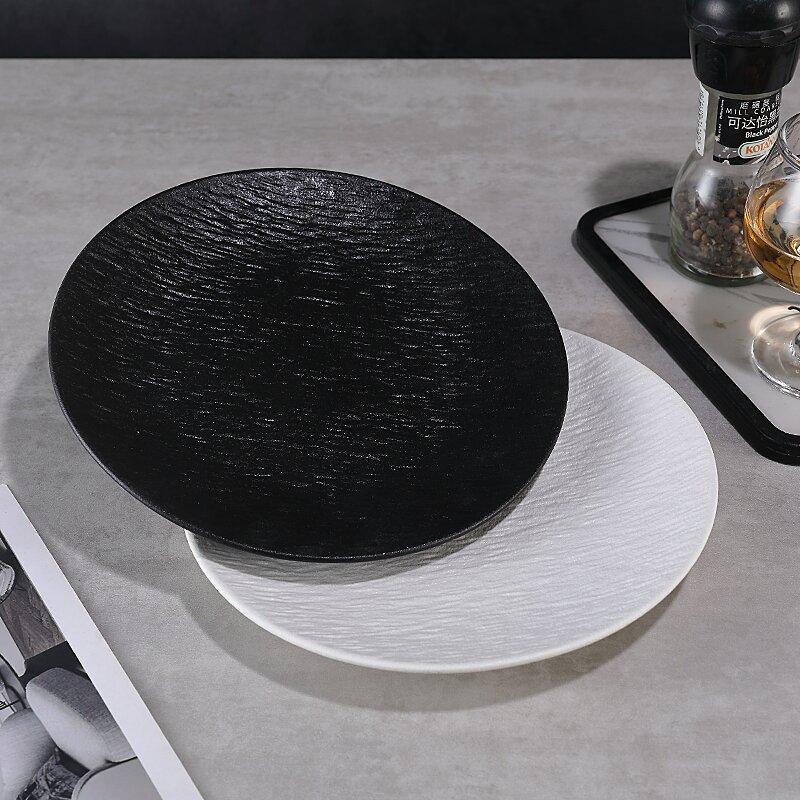 Japanese-style Black and White Stone-pattern Ceramic Plate Wear-resistant Round Steak Plate Home Dinner Cooking Plate Tableware