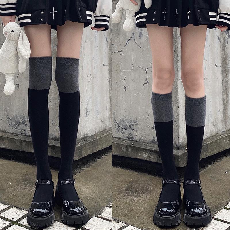 Color Matching Socks Women'S Ins Trendy And Versatile Autumn Black And Gray Spliced Knee Socks High Value Mori Black Calf Socks