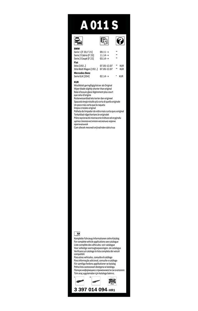 BOSCH Flat Wiper Blade for Imported Aero Twin Models A011S Cars, Only, 550/450mm