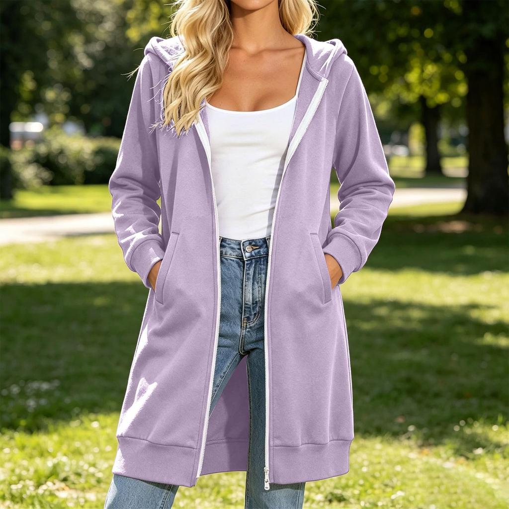 Women's Long Zip-Up Hoodie with Pockets, Casual Versatile Hooded Coat for Everyday Wear