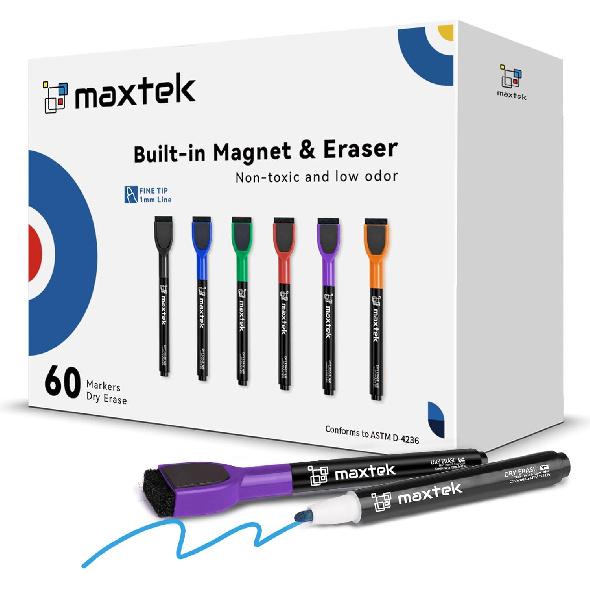 maxtek Magnetic Whiteboard Markers - 12 Count Colorful Fine Tip Dry Erase Markers with Eraser for Kids, Low Odor Thin Markers for Calendar Boards