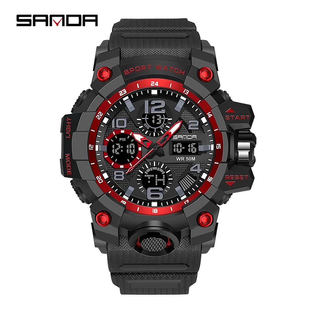SANDA 6021 LED Dual Display Quartz Wristwatch Mens Digital Clock Military Stopwatch Reloj HombreSport Watch for Men Waterproof