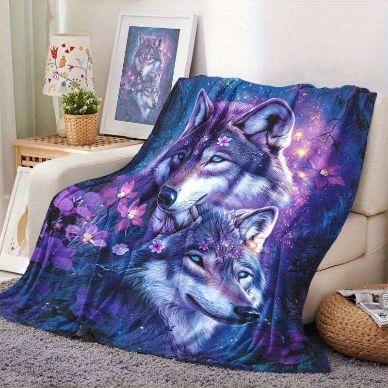 Two Wolves and Floral Patterns Flannel Printed Blanket Suitable for All Seasons Suitable for Living Room Office Sofa and Travel