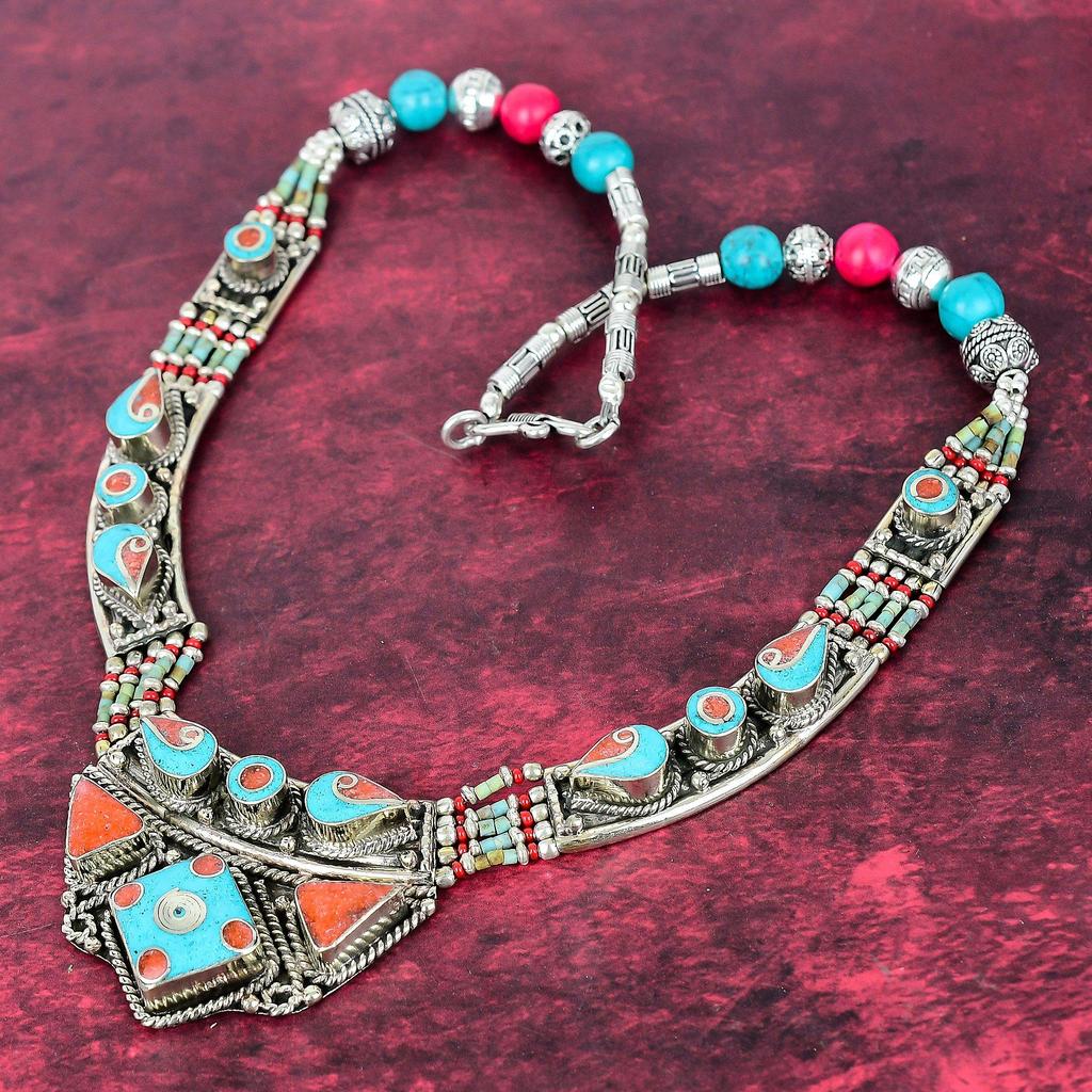 Niebieskie Turkusowe i Koralowe Kolczyki Nepalskie ze Sterlingowego Srebra 925, Ręcznie Robiona Biżuteria z Kamieni Szlachetnych, Prezenty Dla Żony, Zupełnie Nowe Kolczyki