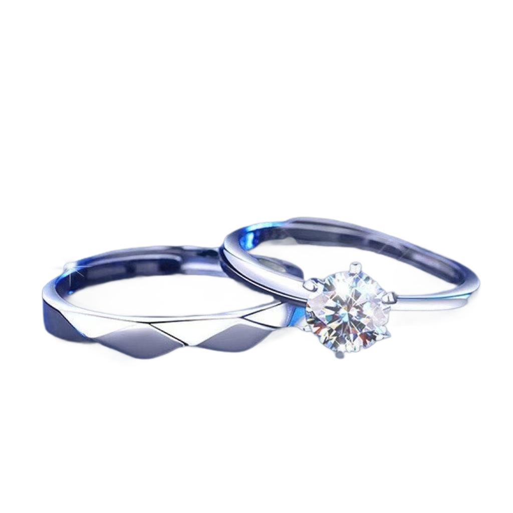Sterling Silver Plated Water Cube Diamond Six-Claw Open Rings for Couples