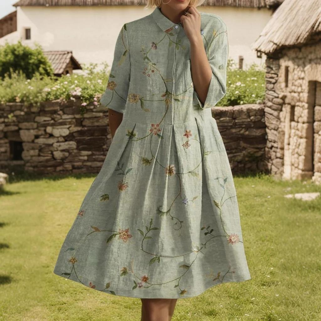 Dress For Women Elegant Casual Smocked Button Lapel Short Sleeve Knee Length Dress