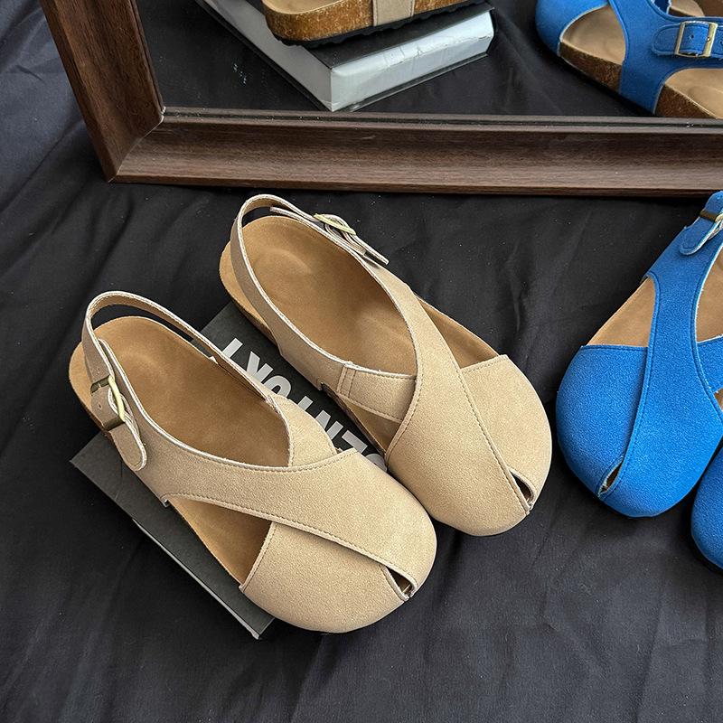 

2025 summer new retro white cross-strapped shoes women s one-word buckle round head matte leather flat sandals 40