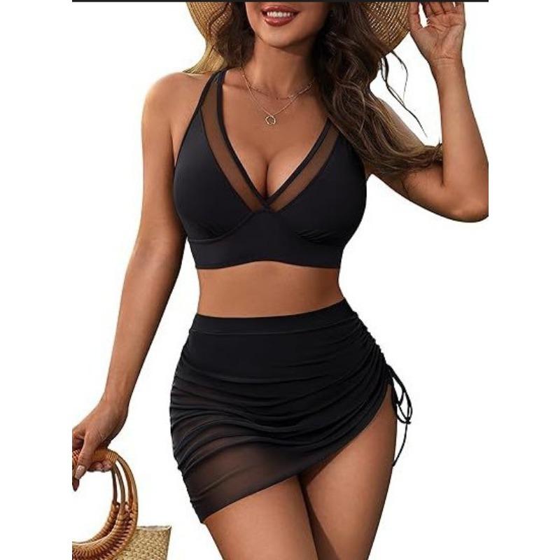 New Fashionable Solid Color Sexy Mesh Splicing Drawstring Split Women's Swimsuit
