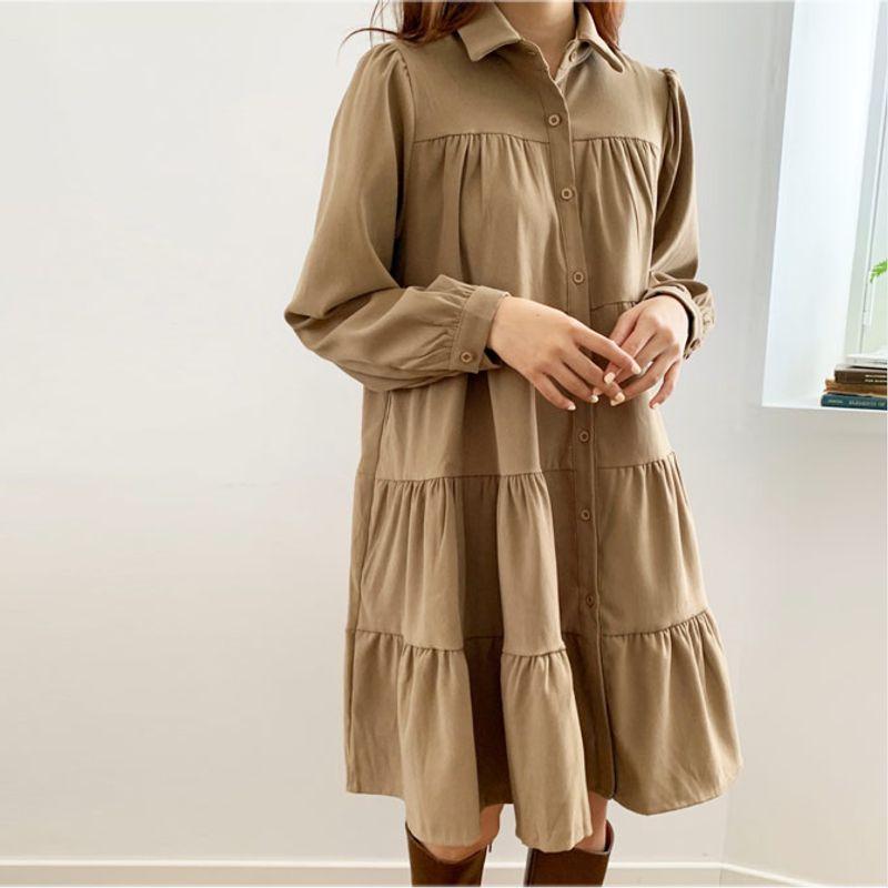 

European Station Spring Polo Collar A- line Long Sleeve Girl s Dress Khaki 2XL