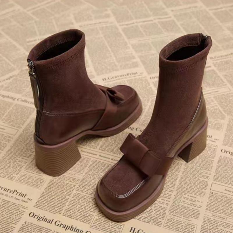 Fashion 2024 Bow Suede Women's Ankle Boots High Heel Square Toe Fashion Boots Women's Trendy Winter New High Heel Boots