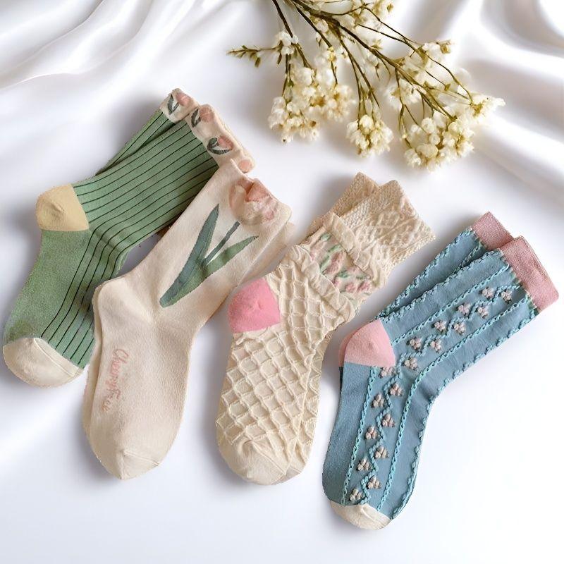 4 Pairs 3D Textured Ankle Socks Set, Floral Embossed Cottagecore Socks for Women, Fashion Casual Low Cut Socks, Women Socks