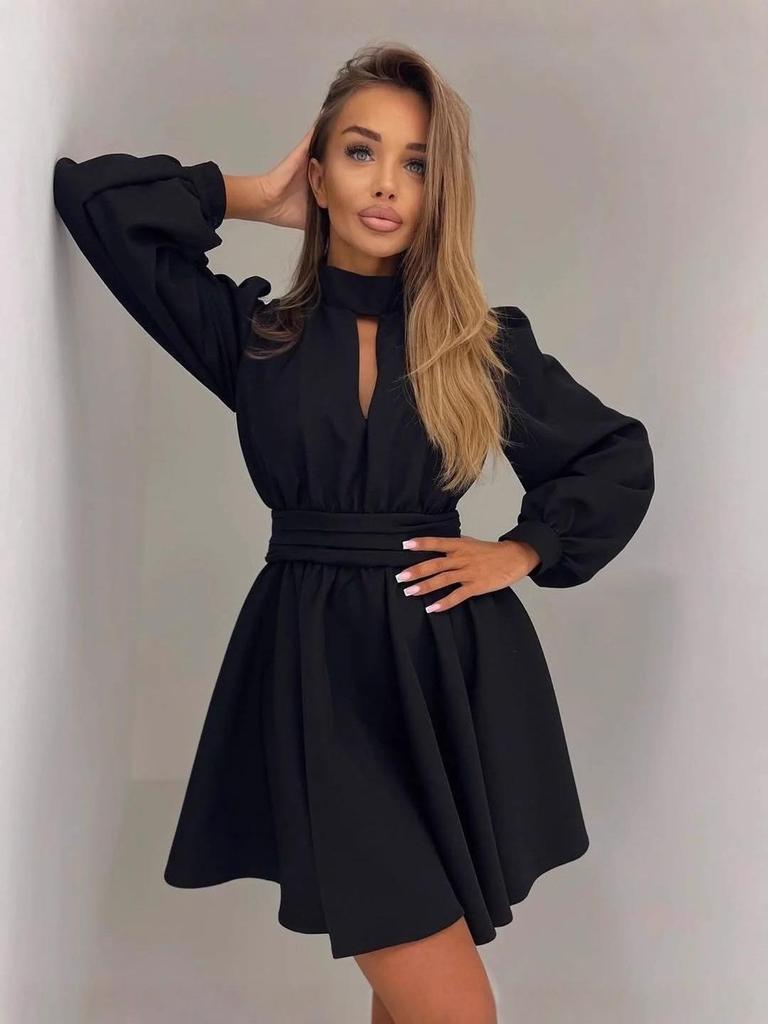 2025 European Spring/Autumn Sexy Hollow-Out Waist-Cinching Solid Color Dress for Women