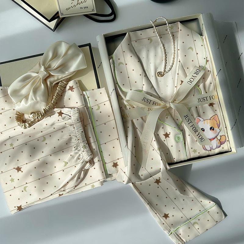 Light Luxury Retro High-End Leopard Print Star Ice Silk Pajamas Women'S Long-Sleeved Trousers Loungewear Set