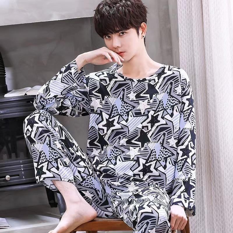 Men Pajamas Long-Sleeved Long Trousers Autumn and Winter Large Size Homewear Two-Piece Kit Sleepwear Loungewear Youth Nightwear