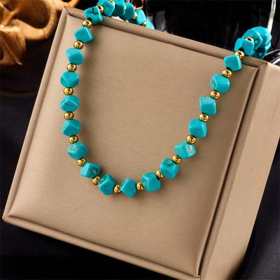Creative Personality Retro Niche Design Turquoise Titanium Steel Beaded Woven Necklace
