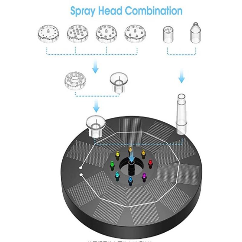 3w  LED  Solar  Fountain 1500mah Solar Battery Fountain With 6 Nozzles Garden Pond Fountain Pump