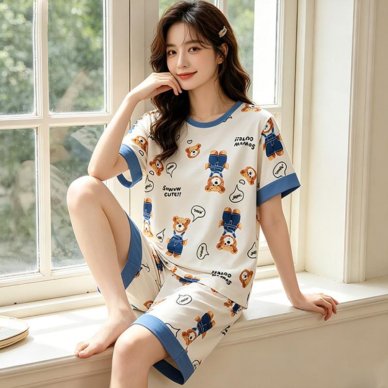 Summer cool INS wind strap bear pajamas women's summer cute cartoon round neck short-sleeved casual loungewear cover