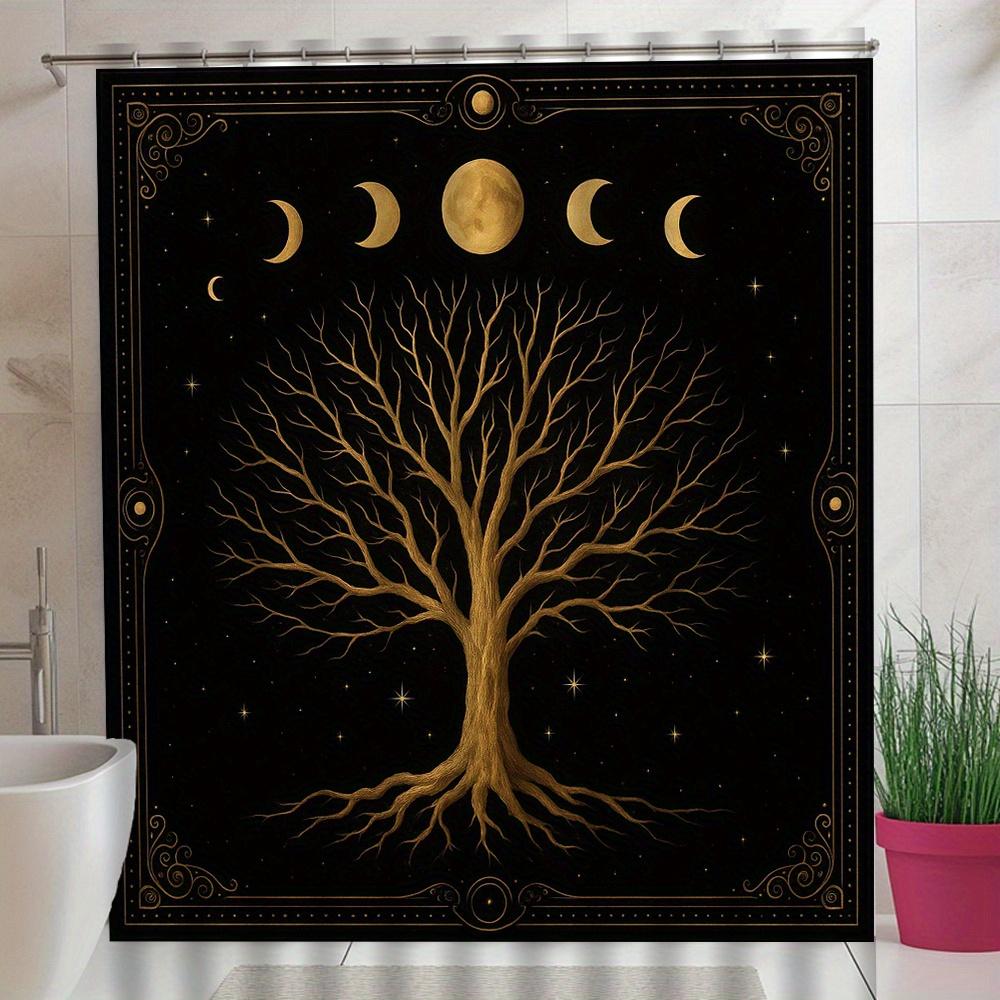 1pc Mystical Tree & Moon Phases Shower Curtain - Enchanting Black Polyester Fabric with Golden Tree & Crescent Moon Design, 70.8 90x180cm35x71in